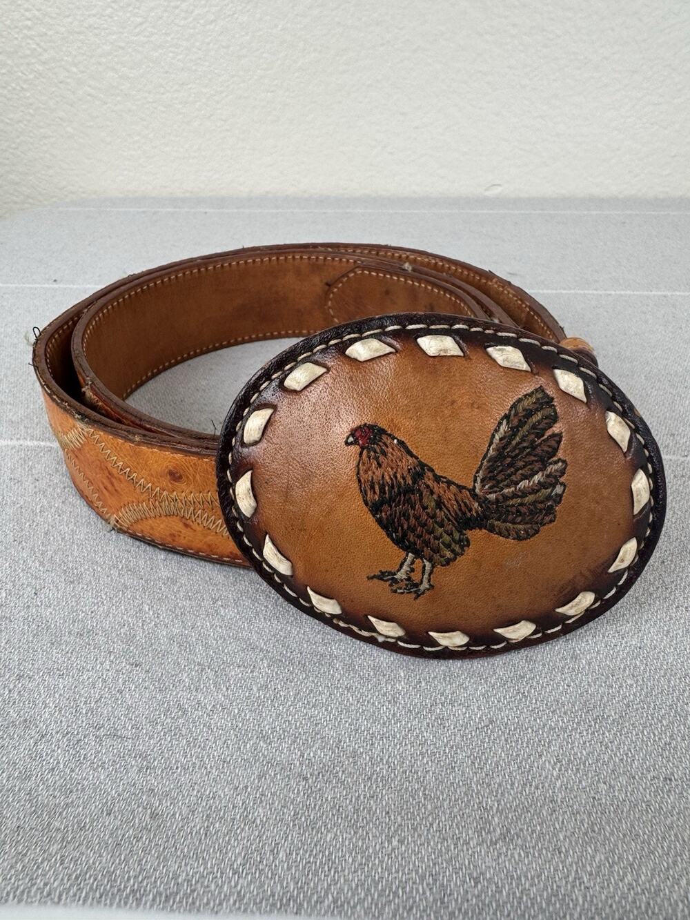 Vintage Justin Ostrich Leather Belt & Vtg Embroidered Rooster Belt Buckle Tan 36